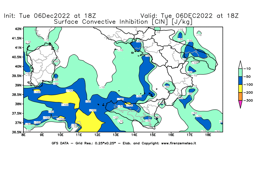 Mappa di analisi GFS - CIN [J/kg] in Sud-Italia
							del 06/12/2022 18 <!--googleoff: index-->UTC<!--googleon: index-->