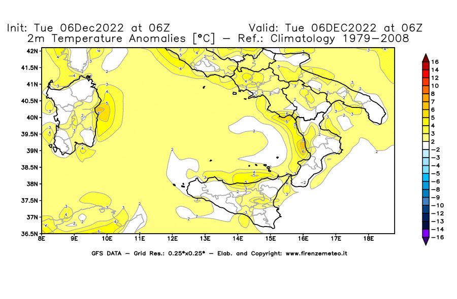Mappa di analisi GFS - Anomalia Temperatura [°C] a 2 m in Sud-Italia
							del 06/12/2022 06 <!--googleoff: index-->UTC<!--googleon: index-->