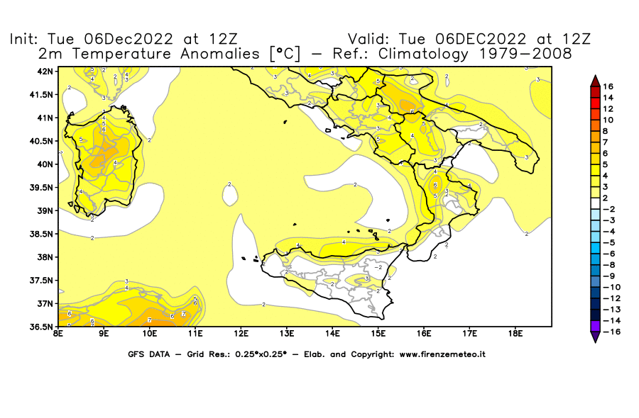Mappa di analisi GFS - Anomalia Temperatura [°C] a 2 m in Sud-Italia
							del 06/12/2022 12 <!--googleoff: index-->UTC<!--googleon: index-->