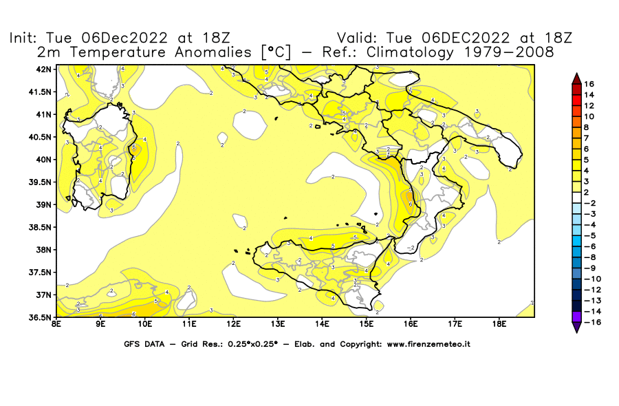 Mappa di analisi GFS - Anomalia Temperatura [°C] a 2 m in Sud-Italia
							del 06/12/2022 18 <!--googleoff: index-->UTC<!--googleon: index-->