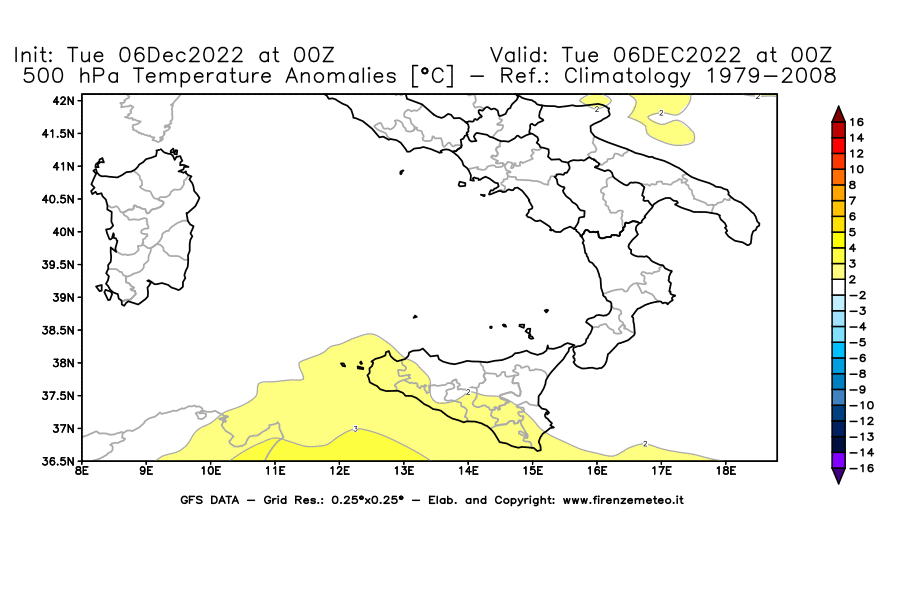 Mappa di analisi GFS - Anomalia Temperatura [°C] a 500 hPa in Sud-Italia
							del 06/12/2022 00 <!--googleoff: index-->UTC<!--googleon: index-->
