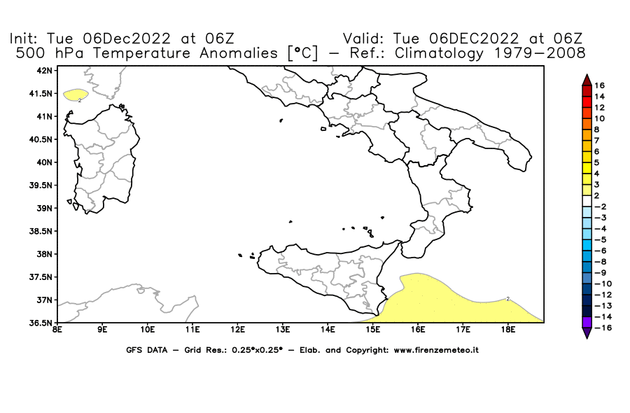 Mappa di analisi GFS - Anomalia Temperatura [°C] a 500 hPa in Sud-Italia
							del 06/12/2022 06 <!--googleoff: index-->UTC<!--googleon: index-->