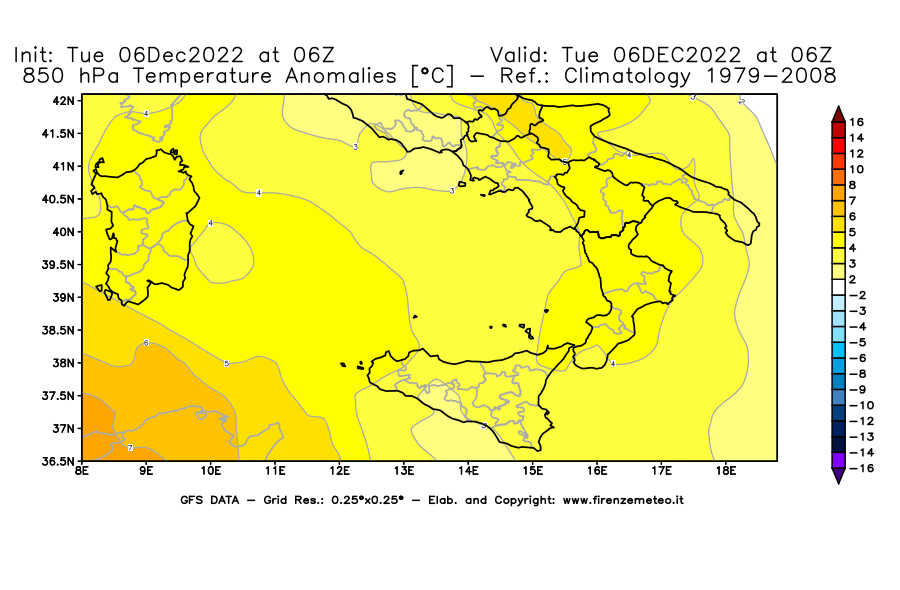 Mappa di analisi GFS - Anomalia Temperatura [°C] a 850 hPa in Sud-Italia
							del 06/12/2022 06 <!--googleoff: index-->UTC<!--googleon: index-->