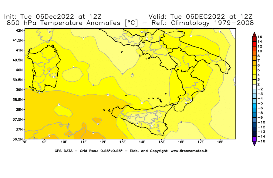 Mappa di analisi GFS - Anomalia Temperatura [°C] a 850 hPa in Sud-Italia
							del 06/12/2022 12 <!--googleoff: index-->UTC<!--googleon: index-->