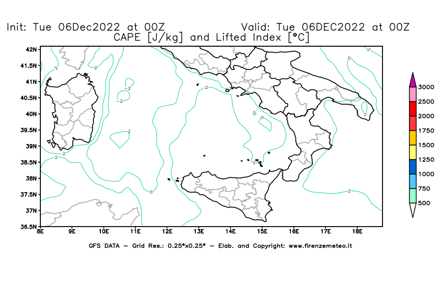 Mappa di analisi GFS - CAPE [J/kg] e Lifted Index [°C] in Sud-Italia
							del 06/12/2022 00 <!--googleoff: index-->UTC<!--googleon: index-->