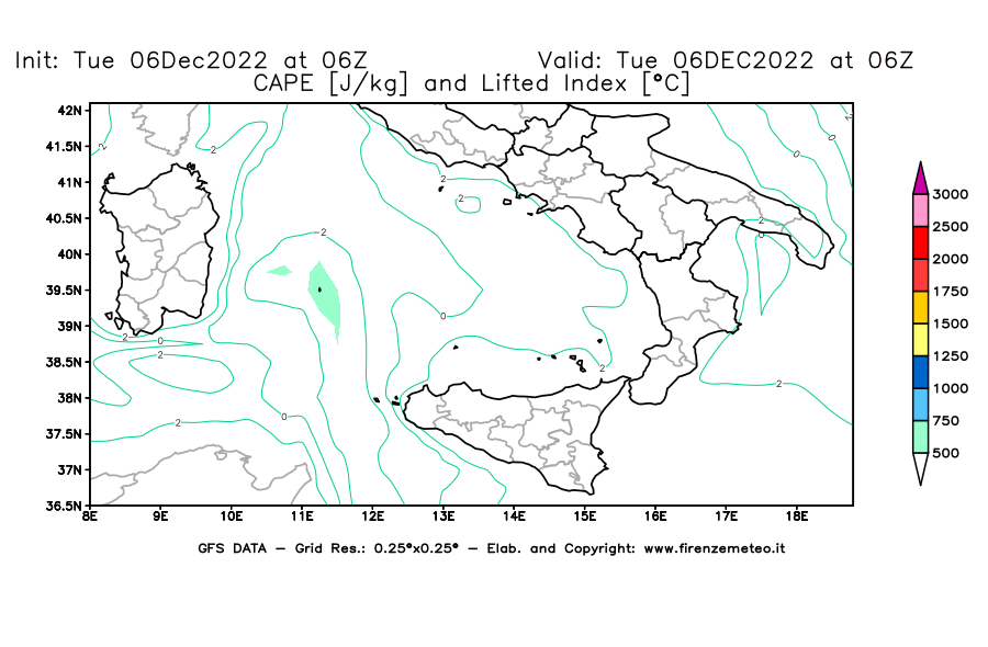 Mappa di analisi GFS - CAPE [J/kg] e Lifted Index [°C] in Sud-Italia
							del 06/12/2022 06 <!--googleoff: index-->UTC<!--googleon: index-->