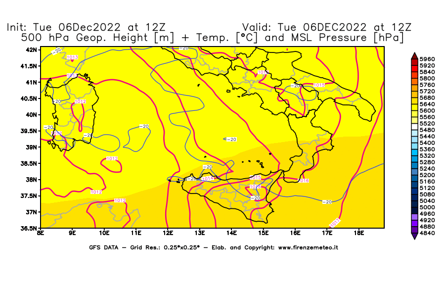 Mappa di analisi GFS - Geopotenziale [m] + Temp. [°C] a 500 hPa + Press. a livello del mare [hPa] in Sud-Italia
							del 06/12/2022 12 <!--googleoff: index-->UTC<!--googleon: index-->