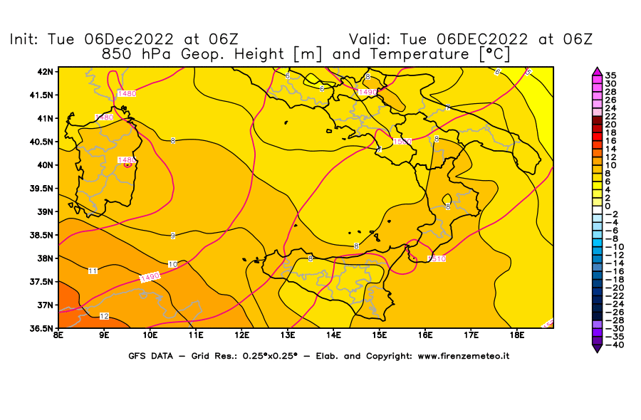 Mappa di analisi GFS - Geopotenziale [m] e Temperatura [°C] a 850 hPa in Sud-Italia
							del 06/12/2022 06 <!--googleoff: index-->UTC<!--googleon: index-->