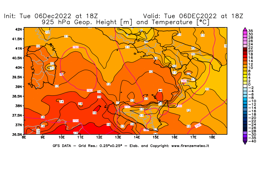 Mappa di analisi GFS - Geopotenziale [m] e Temperatura [°C] a 925 hPa in Sud-Italia
							del 06/12/2022 18 <!--googleoff: index-->UTC<!--googleon: index-->
