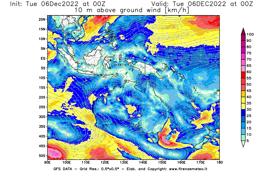 Mappa di analisi GFS - Velocità del vento a 10 metri dal suolo [km/h] in Oceania
							del 06/12/2022 00 <!--googleoff: index-->UTC<!--googleon: index-->