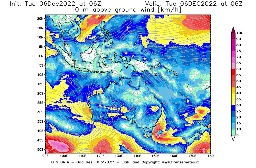 Mappa di analisi GFS - Velocità del vento a 10 metri dal suolo [km/h] in Oceania
							del 06/12/2022 06 <!--googleoff: index-->UTC<!--googleon: index-->