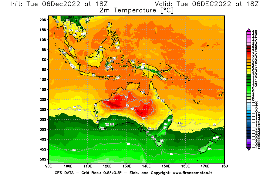 Mappa di analisi GFS - Temperatura a 2 metri dal suolo [°C] in Oceania
							del 06/12/2022 18 <!--googleoff: index-->UTC<!--googleon: index-->