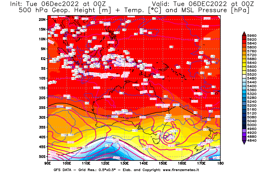Mappa di analisi GFS - Geopotenziale [m] + Temp. [°C] a 500 hPa + Press. a livello del mare [hPa] in Oceania
							del 06/12/2022 00 <!--googleoff: index-->UTC<!--googleon: index-->