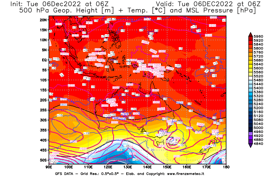 Mappa di analisi GFS - Geopotenziale [m] + Temp. [°C] a 500 hPa + Press. a livello del mare [hPa] in Oceania
							del 06/12/2022 06 <!--googleoff: index-->UTC<!--googleon: index-->