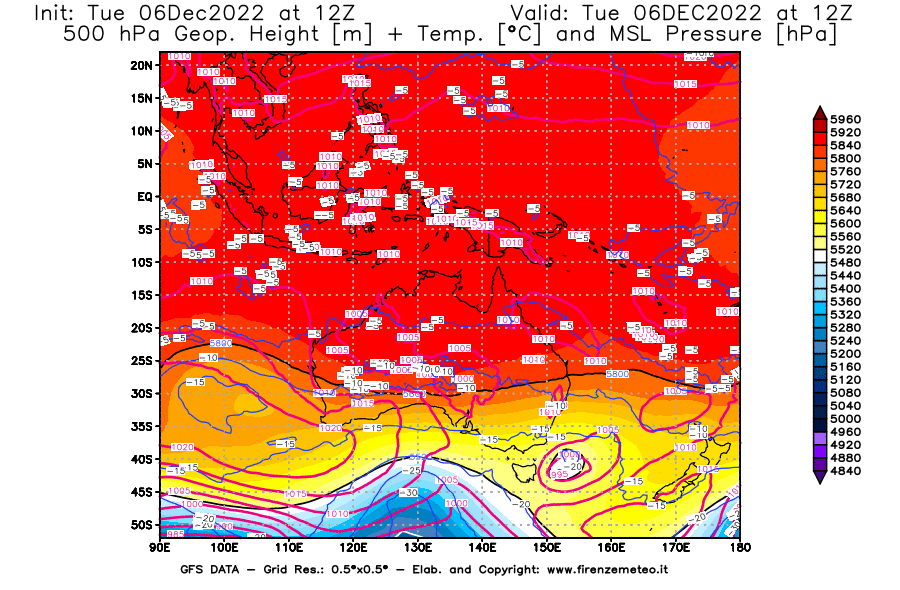 Mappa di analisi GFS - Geopotenziale [m] + Temp. [°C] a 500 hPa + Press. a livello del mare [hPa] in Oceania
							del 06/12/2022 12 <!--googleoff: index-->UTC<!--googleon: index-->