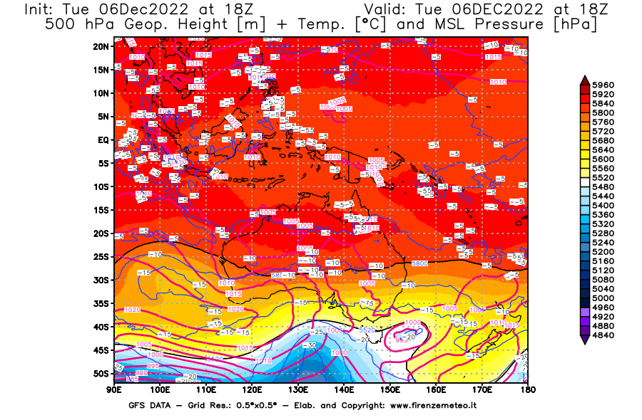 Mappa di analisi GFS - Geopotenziale [m] + Temp. [°C] a 500 hPa + Press. a livello del mare [hPa] in Oceania
							del 06/12/2022 18 <!--googleoff: index-->UTC<!--googleon: index-->