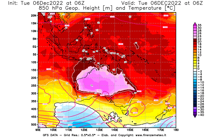 Mappa di analisi GFS - Geopotenziale [m] e Temperatura [°C] a 850 hPa in Oceania
							del 06/12/2022 06 <!--googleoff: index-->UTC<!--googleon: index-->