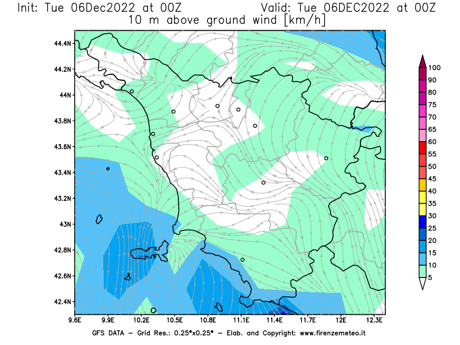 Mappa di analisi GFS - Velocità del vento a 10 metri dal suolo [km/h] in Toscana
							del 06/12/2022 00 <!--googleoff: index-->UTC<!--googleon: index-->
