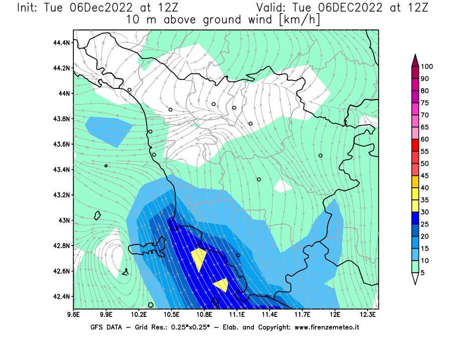 Mappa di analisi GFS - Velocità del vento a 10 metri dal suolo [km/h] in Toscana
							del 06/12/2022 12 <!--googleoff: index-->UTC<!--googleon: index-->