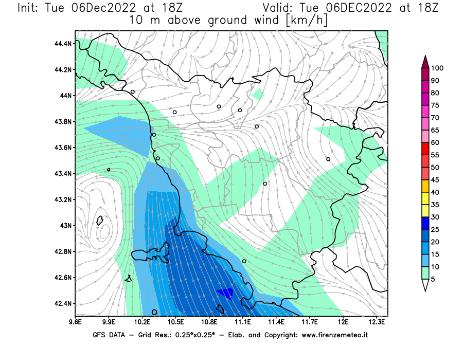 Mappa di analisi GFS - Velocità del vento a 10 metri dal suolo [km/h] in Toscana
							del 06/12/2022 18 <!--googleoff: index-->UTC<!--googleon: index-->