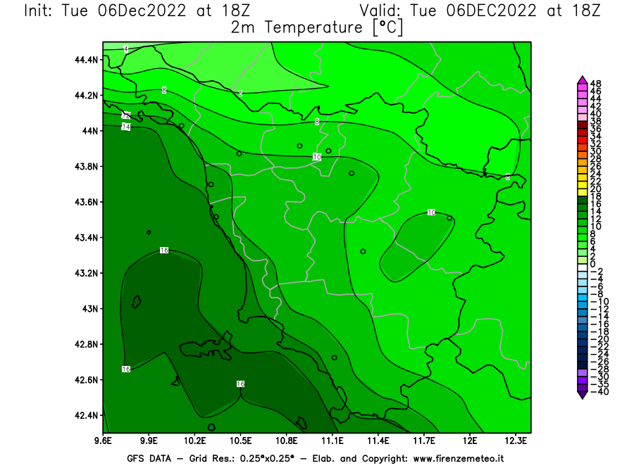 Mappa di analisi GFS - Temperatura a 2 metri dal suolo [°C] in Toscana
							del 06/12/2022 18 <!--googleoff: index-->UTC<!--googleon: index-->