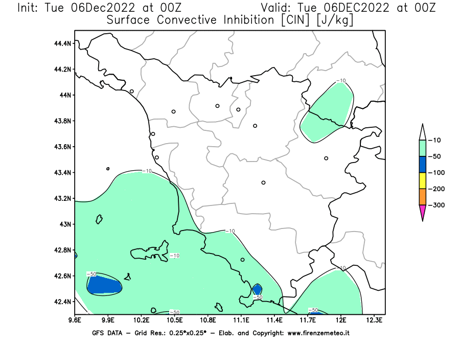 Mappa di analisi GFS - CIN [J/kg] in Toscana
							del 06/12/2022 00 <!--googleoff: index-->UTC<!--googleon: index-->