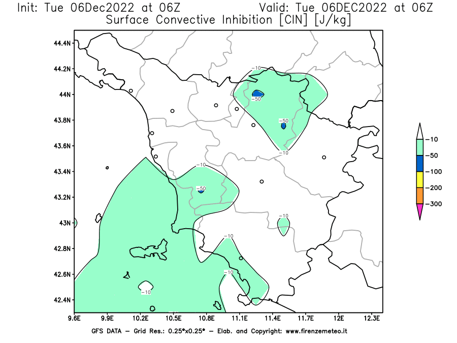 Mappa di analisi GFS - CIN [J/kg] in Toscana
							del 06/12/2022 06 <!--googleoff: index-->UTC<!--googleon: index-->
