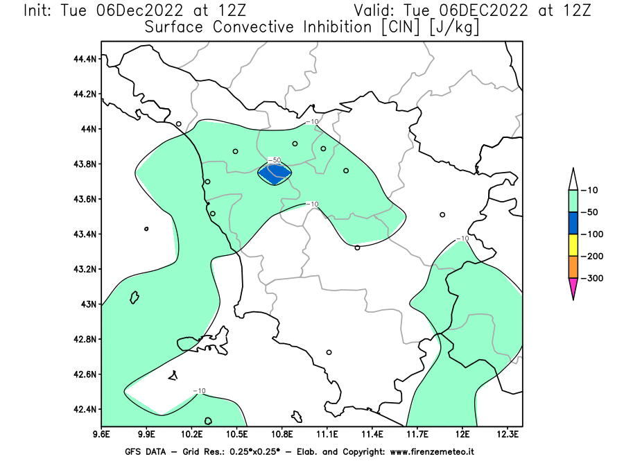 Mappa di analisi GFS - CIN [J/kg] in Toscana
							del 06/12/2022 12 <!--googleoff: index-->UTC<!--googleon: index-->