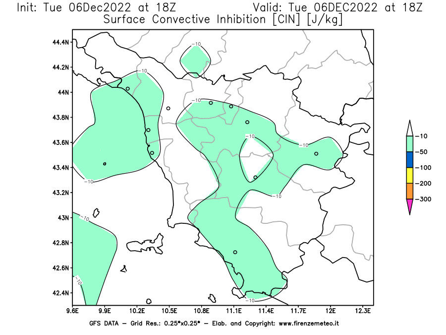 Mappa di analisi GFS - CIN [J/kg] in Toscana
							del 06/12/2022 18 <!--googleoff: index-->UTC<!--googleon: index-->