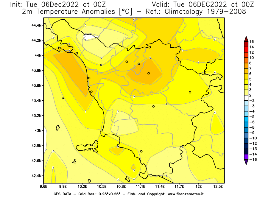 Mappa di analisi GFS - Anomalia Temperatura [°C] a 2 m in Toscana
							del 06/12/2022 00 <!--googleoff: index-->UTC<!--googleon: index-->