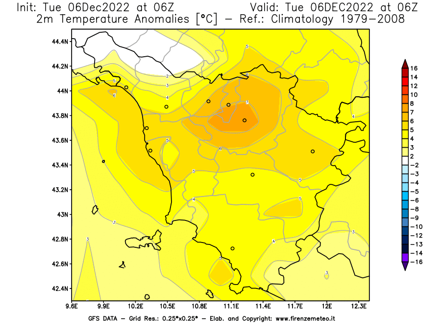 Mappa di analisi GFS - Anomalia Temperatura [°C] a 2 m in Toscana
							del 06/12/2022 06 <!--googleoff: index-->UTC<!--googleon: index-->