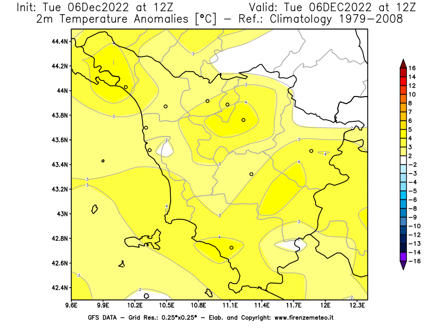 Mappa di analisi GFS - Anomalia Temperatura [°C] a 2 m in Toscana
							del 06/12/2022 12 <!--googleoff: index-->UTC<!--googleon: index-->