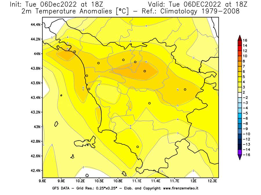 Mappa di analisi GFS - Anomalia Temperatura [°C] a 2 m in Toscana
							del 06/12/2022 18 <!--googleoff: index-->UTC<!--googleon: index-->