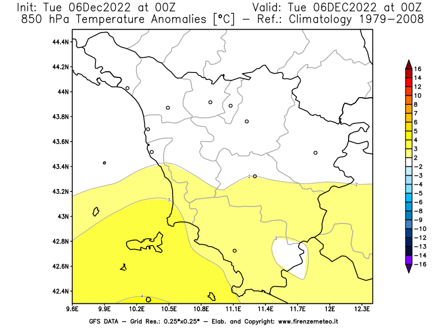 Mappa di analisi GFS - Anomalia Temperatura [°C] a 850 hPa in Toscana
							del 06/12/2022 00 <!--googleoff: index-->UTC<!--googleon: index-->