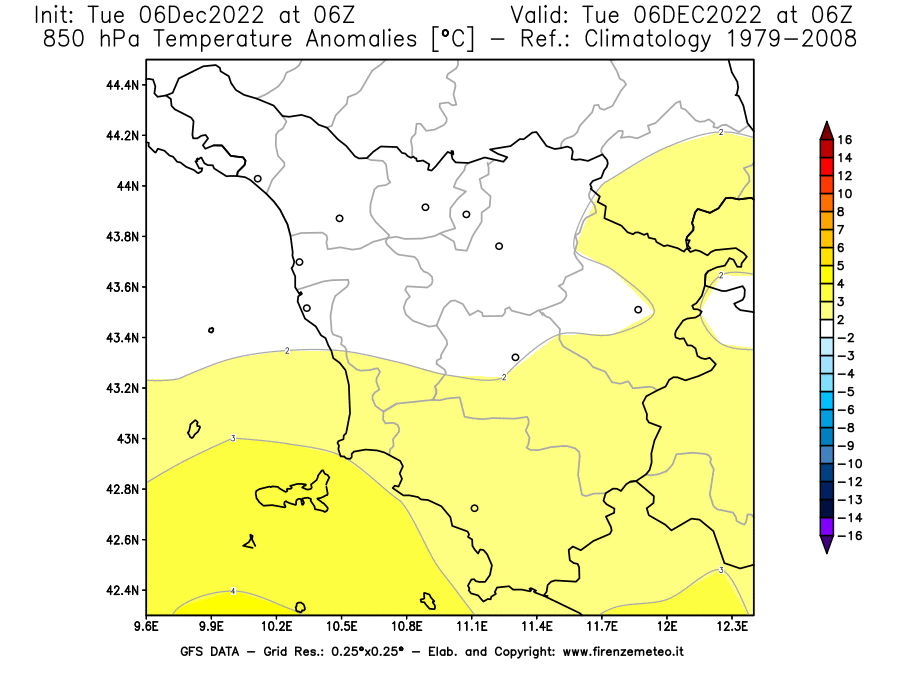 Mappa di analisi GFS - Anomalia Temperatura [°C] a 850 hPa in Toscana
							del 06/12/2022 06 <!--googleoff: index-->UTC<!--googleon: index-->