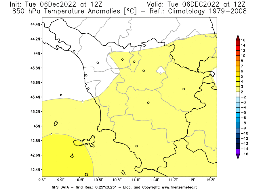 Mappa di analisi GFS - Anomalia Temperatura [°C] a 850 hPa in Toscana
							del 06/12/2022 12 <!--googleoff: index-->UTC<!--googleon: index-->
