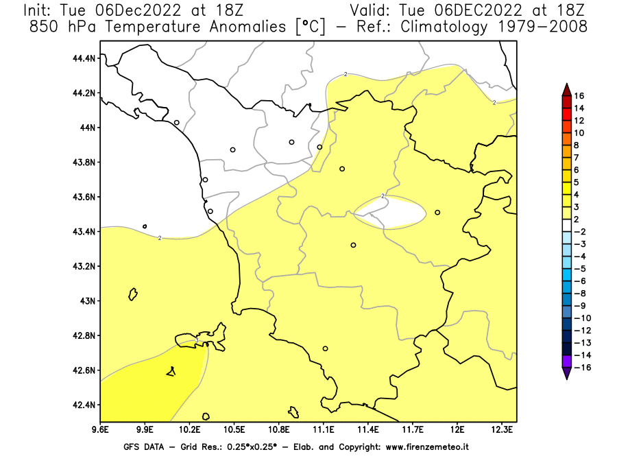 Mappa di analisi GFS - Anomalia Temperatura [°C] a 850 hPa in Toscana
							del 06/12/2022 18 <!--googleoff: index-->UTC<!--googleon: index-->