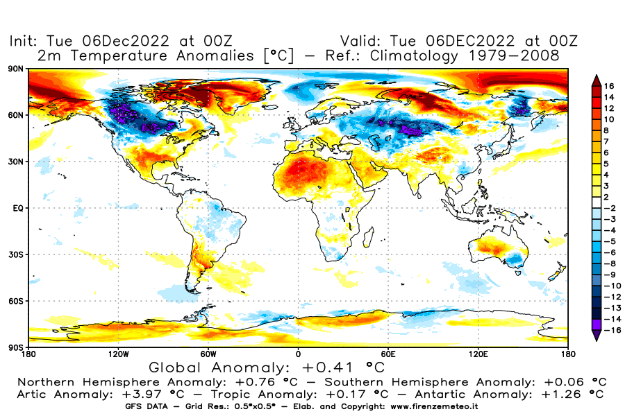 Mappa di analisi GFS - Anomalia Temperatura [°C] a 2 m in World
							del 06/12/2022 00 <!--googleoff: index-->UTC<!--googleon: index-->