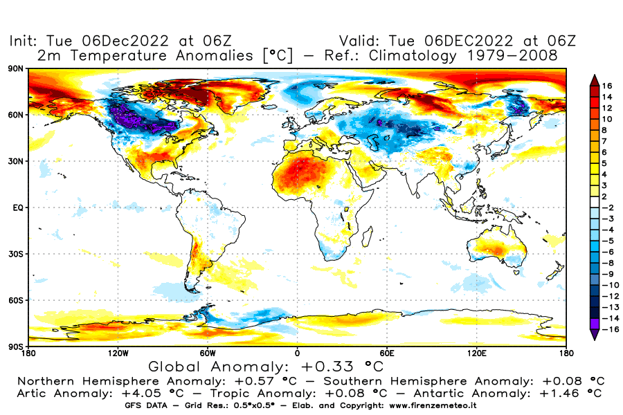 Mappa di analisi GFS - Anomalia Temperatura [°C] a 2 m in World
							del 06/12/2022 06 <!--googleoff: index-->UTC<!--googleon: index-->