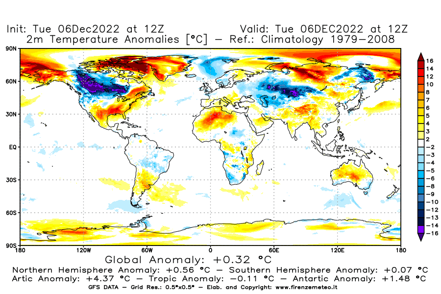 Mappa di analisi GFS - Anomalia Temperatura [°C] a 2 m in World
							del 06/12/2022 12 <!--googleoff: index-->UTC<!--googleon: index-->