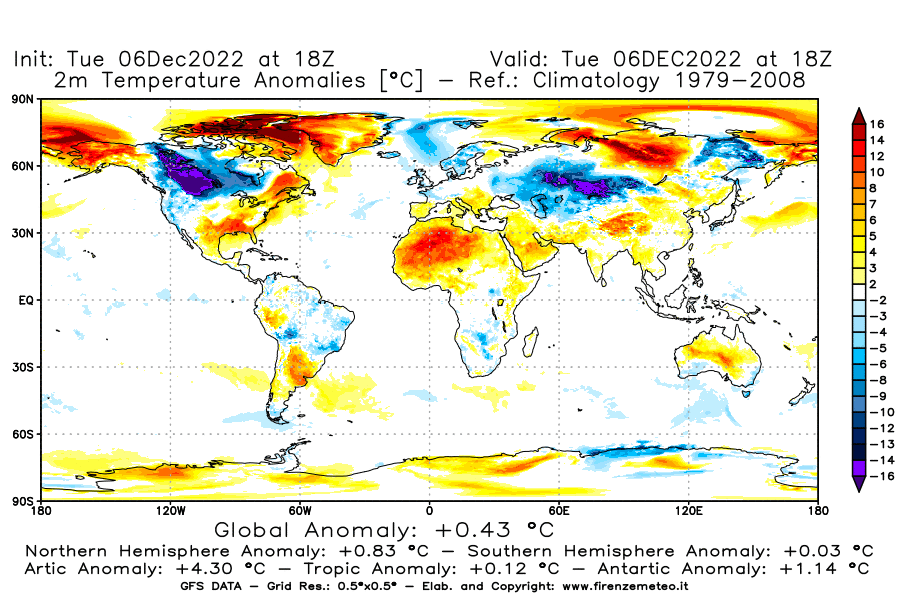 Mappa di analisi GFS - Anomalia Temperatura [°C] a 2 m in World
							del 06/12/2022 18 <!--googleoff: index-->UTC<!--googleon: index-->