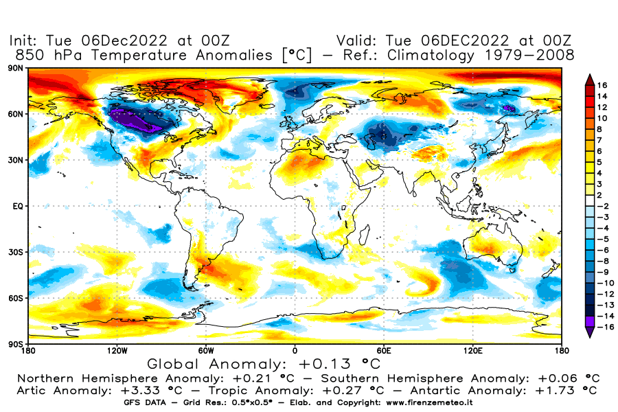 Mappa di analisi GFS - Anomalia Temperatura [°C] a 850 hPa in World
							del 06/12/2022 00 <!--googleoff: index-->UTC<!--googleon: index-->