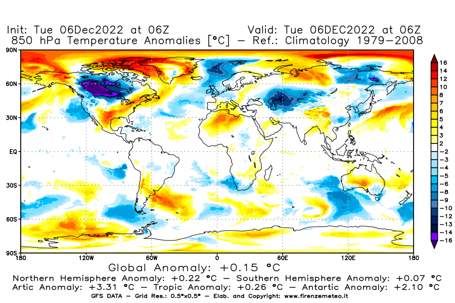 Mappa di analisi GFS - Anomalia Temperatura [°C] a 850 hPa in World
							del 06/12/2022 06 <!--googleoff: index-->UTC<!--googleon: index-->