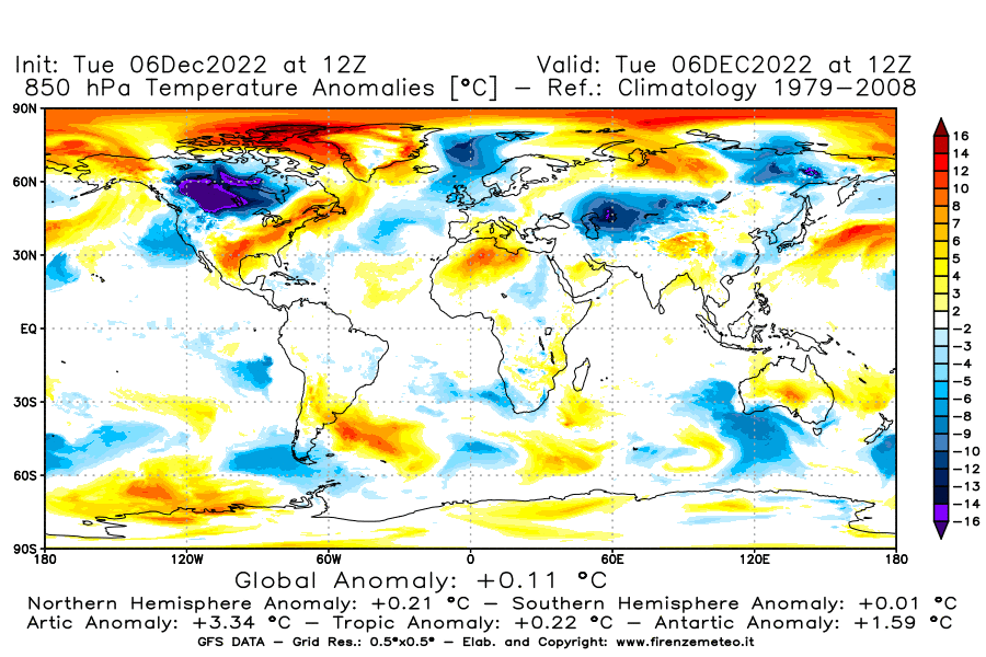 Mappa di analisi GFS - Anomalia Temperatura [°C] a 850 hPa in World
							del 06/12/2022 12 <!--googleoff: index-->UTC<!--googleon: index-->