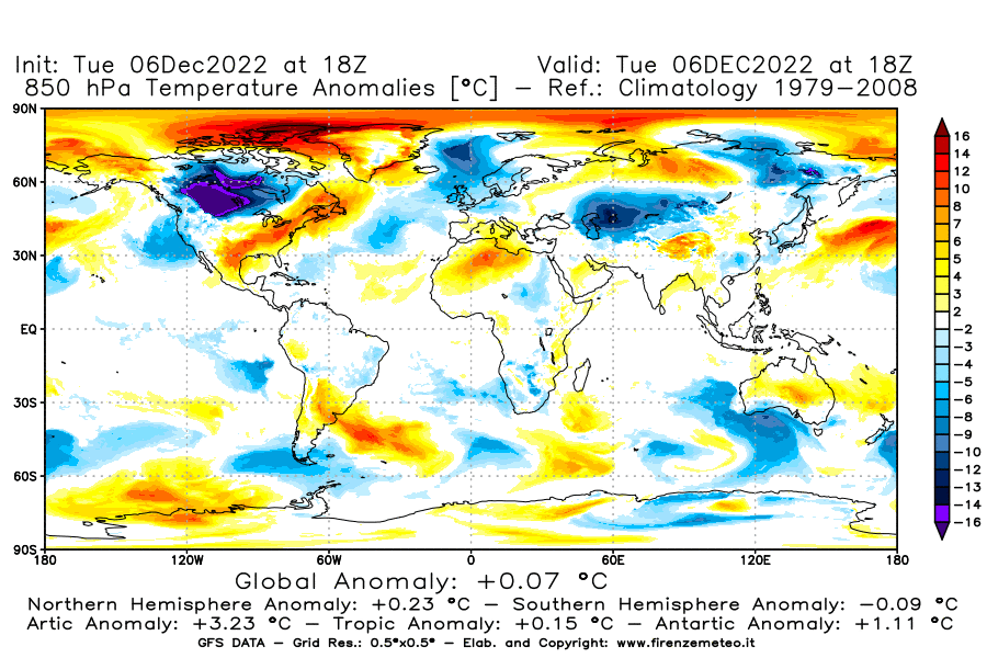 Mappa di analisi GFS - Anomalia Temperatura [°C] a 850 hPa in World
							del 06/12/2022 18 <!--googleoff: index-->UTC<!--googleon: index-->