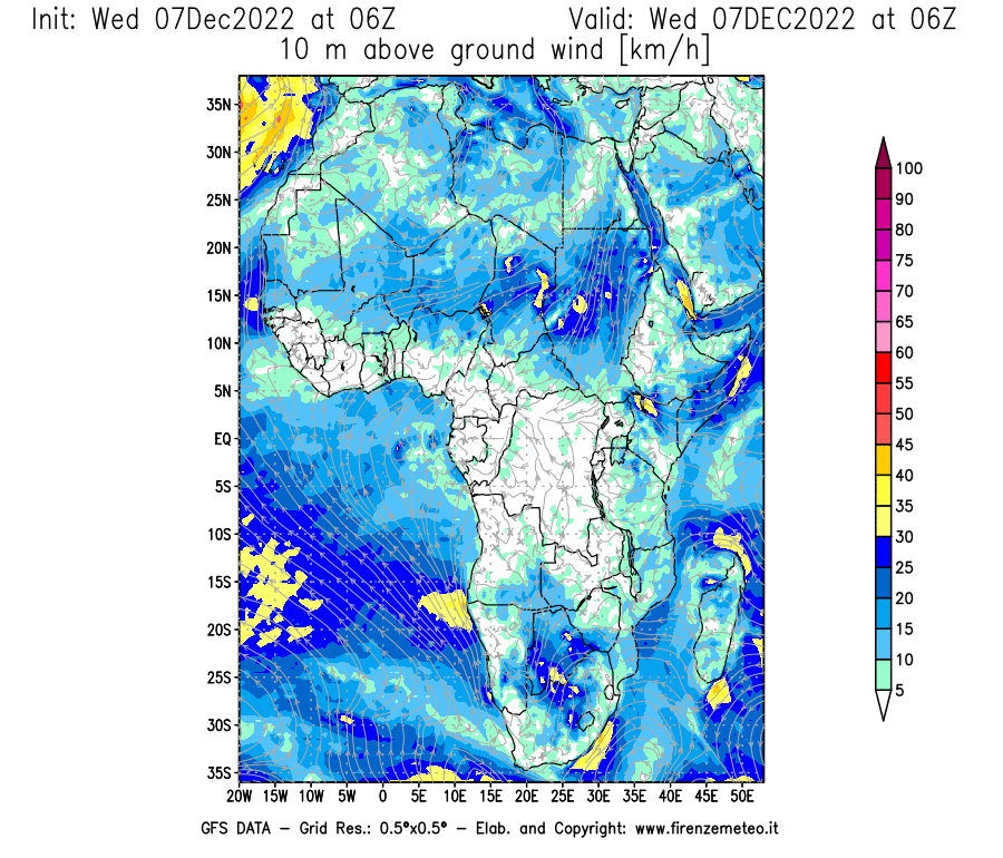 Mappa di analisi GFS - Velocità del vento a 10 metri dal suolo [km/h] in Africa
							del 07/12/2022 06 <!--googleoff: index-->UTC<!--googleon: index-->
