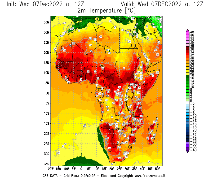 Mappa di analisi GFS - Temperatura a 2 metri dal suolo [°C] in Africa
							del 07/12/2022 12 <!--googleoff: index-->UTC<!--googleon: index-->