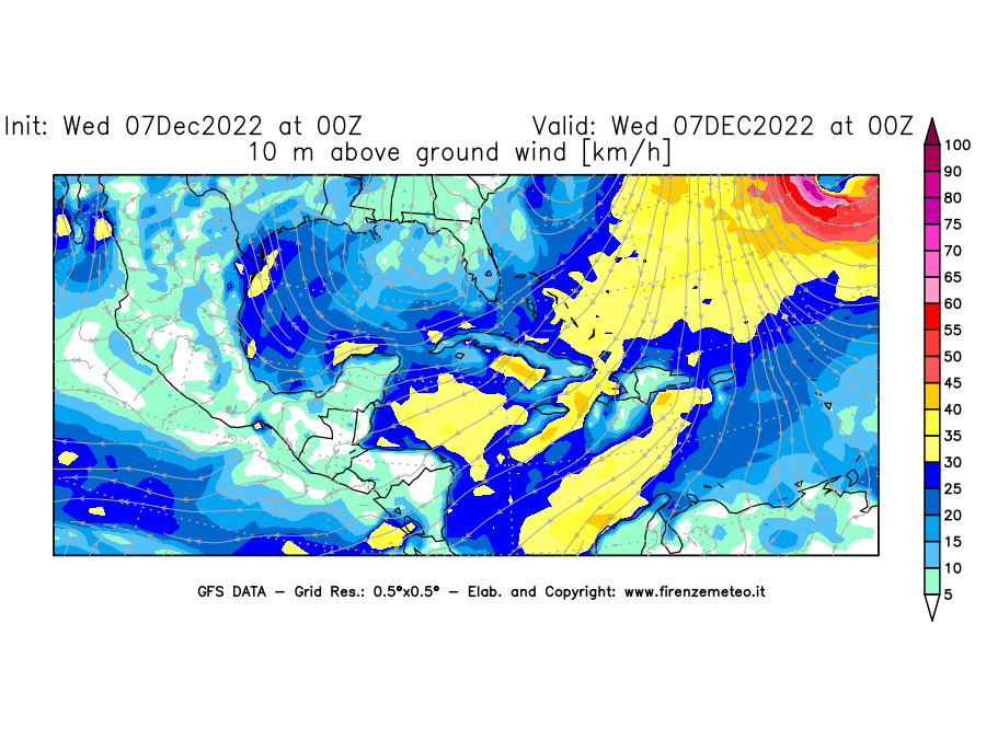 Mappa di analisi GFS - Velocità del vento a 10 metri dal suolo [km/h] in Centro-America
							del 07/12/2022 00 <!--googleoff: index-->UTC<!--googleon: index-->