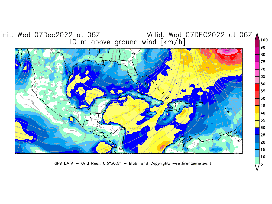 Mappa di analisi GFS - Velocità del vento a 10 metri dal suolo [km/h] in Centro-America
							del 07/12/2022 06 <!--googleoff: index-->UTC<!--googleon: index-->