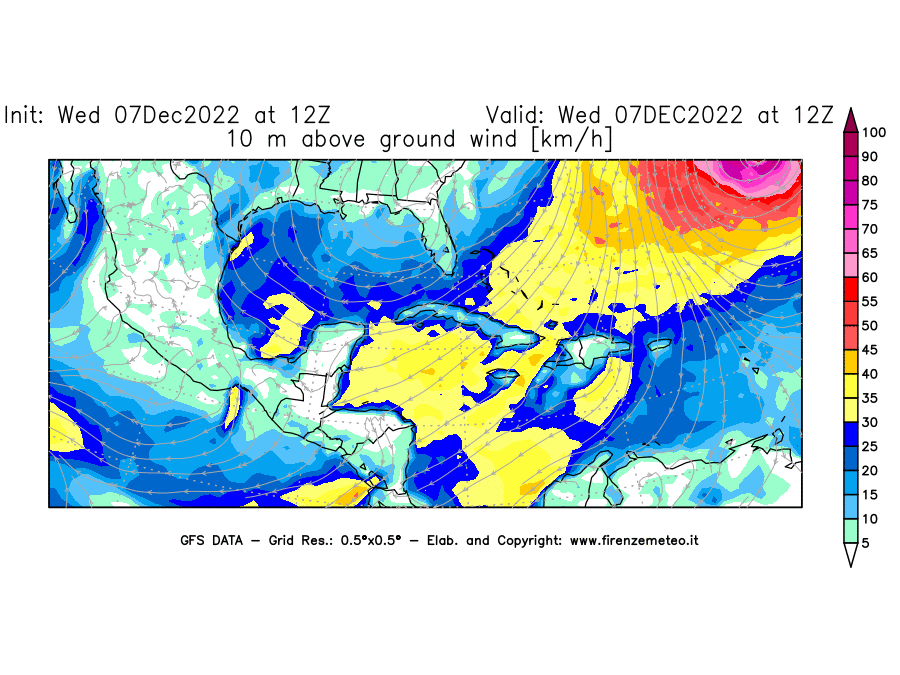 Mappa di analisi GFS - Velocità del vento a 10 metri dal suolo [km/h] in Centro-America
							del 07/12/2022 12 <!--googleoff: index-->UTC<!--googleon: index-->